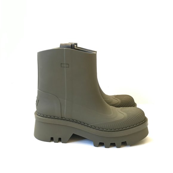 NWOB Chloe Raina Rain Boots Booties Womens 41 Grape Leaf Green Rubber Chunky NEW - Picture 3 of 15